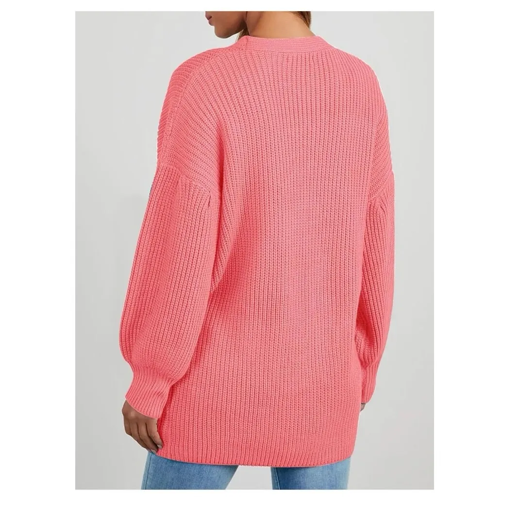 Womens Cardigan Sweater Oversized Chunky Knit Long Front Button with Pockets Pink - Image 2
