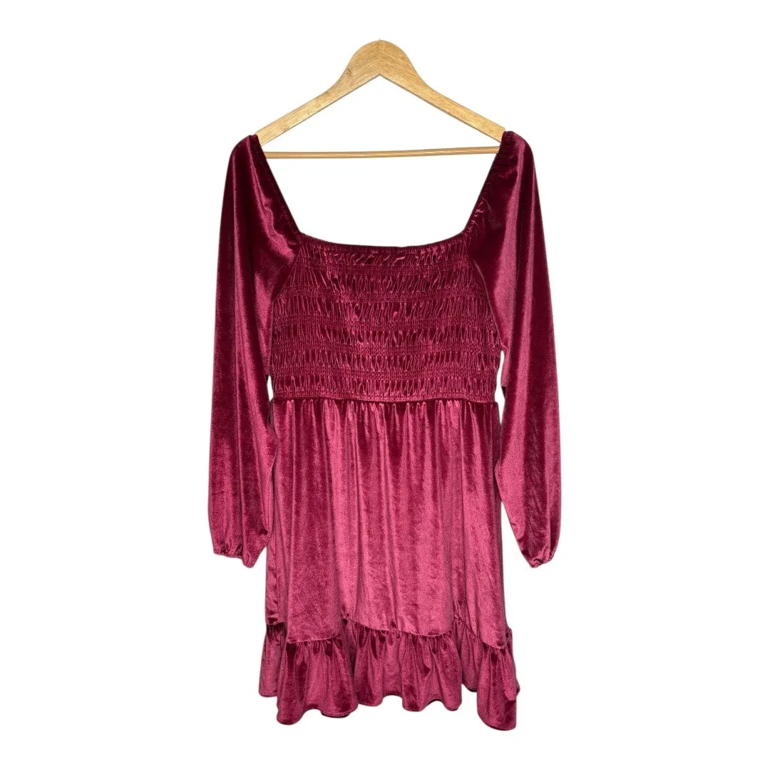 LC Lauren Conrad Dress Velvet Smocked Long Sleeve Ruffle Babydoll Size Large NWT - Image 5