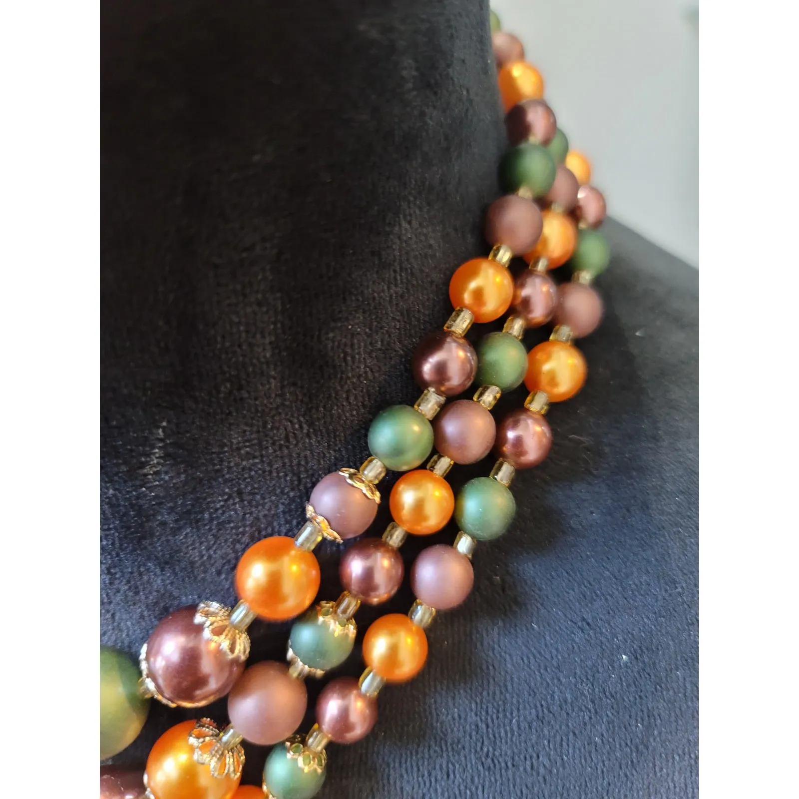 Women's Triple Strand Bead Necklace With Adjustable Hook Clasp Fall Colors Gold - Image 4