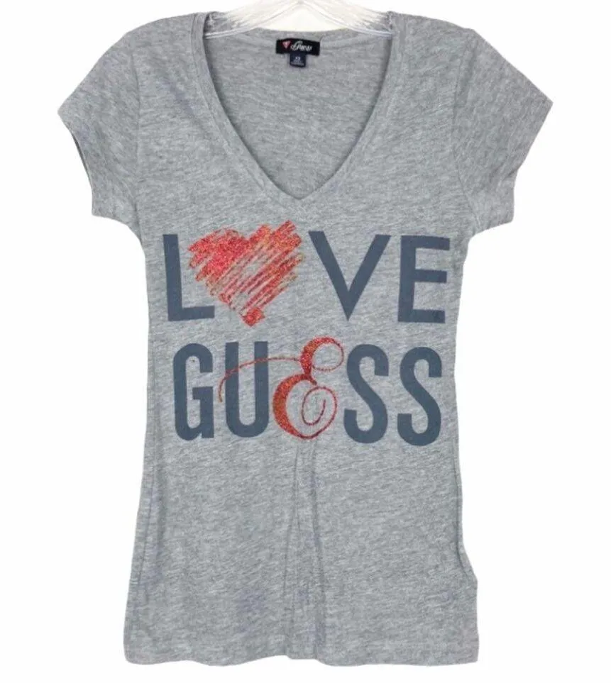 Guess Love Gray Spell Out Short Sleeve T Shirt Sz XS - Image 5