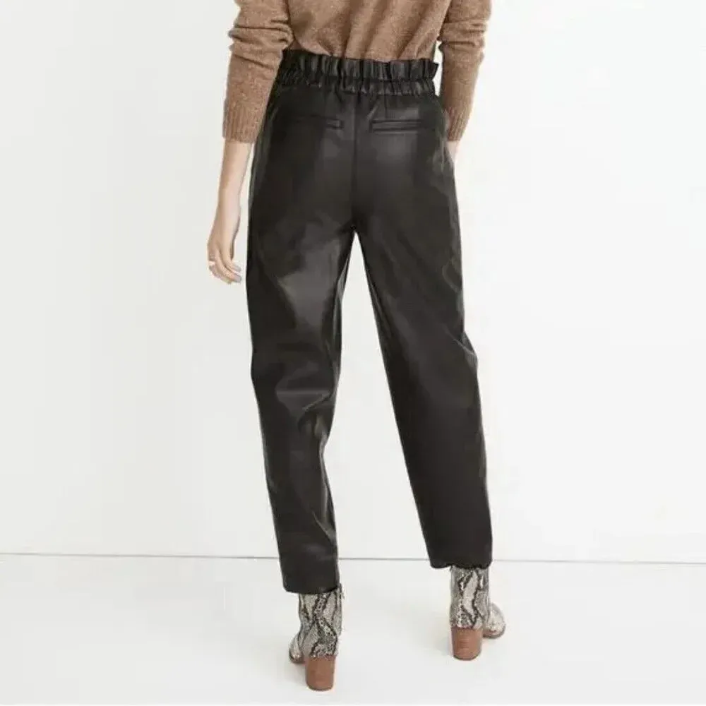 Madewell Vegan Faux Leather Paperbag High Waisted Elastic Zip Pants Black Size 2 - Image 5