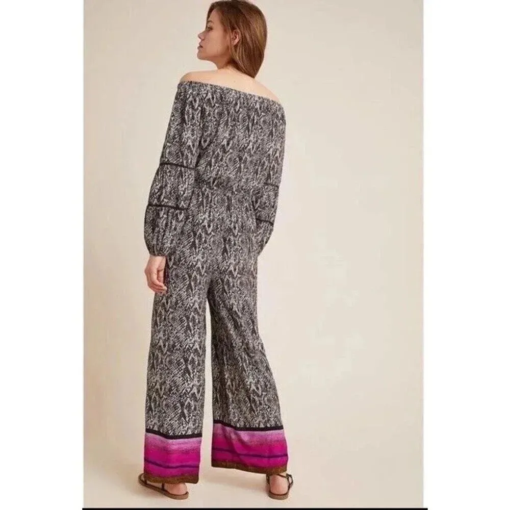 Bl^nk London Anthropologie  Animal Print Wide Leg Jumpsuit Off‎ Shoulder Large - Image 2