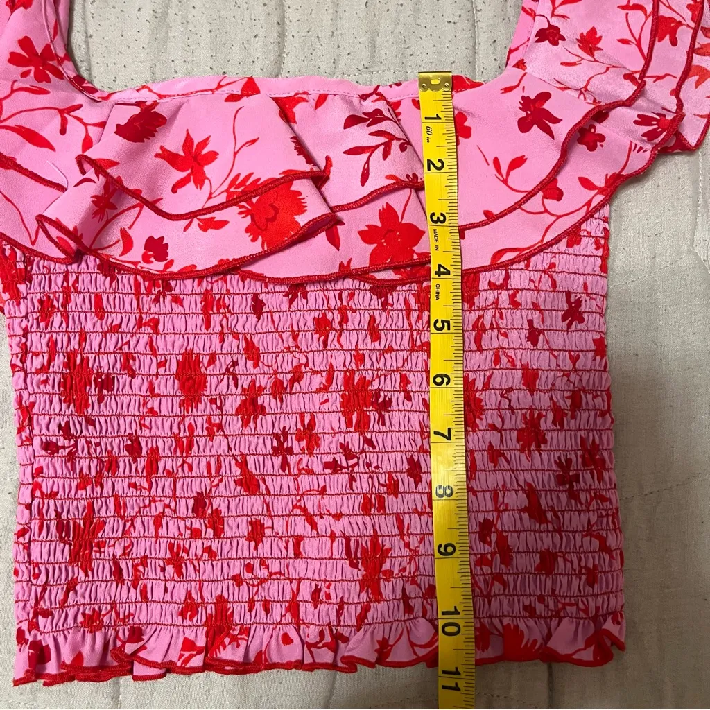 LIKELY Athena Pink and Red Floral Ruffle Smocked Top / Blouse - Image 6