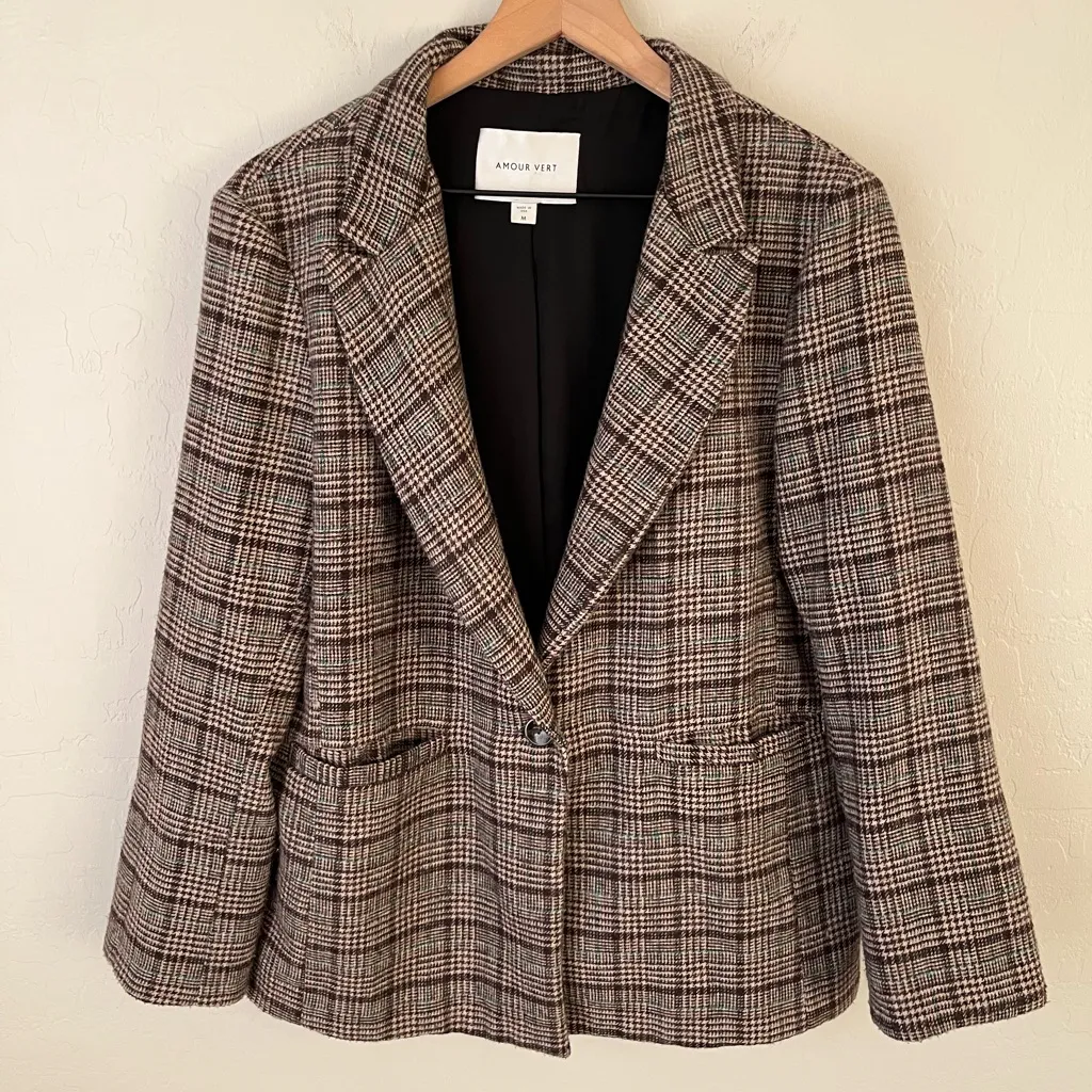 Amour Vert Pipa Wool Plaid Single Button Blazer Brown and Teal Plaid Size Medium - Image 2