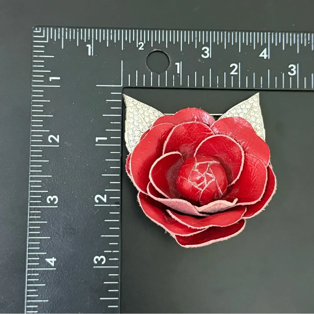 Vintage SWAROVSKI Swan Signed Red Leather Camellia Flower Pave Leaves Brooch 31g - Image 12