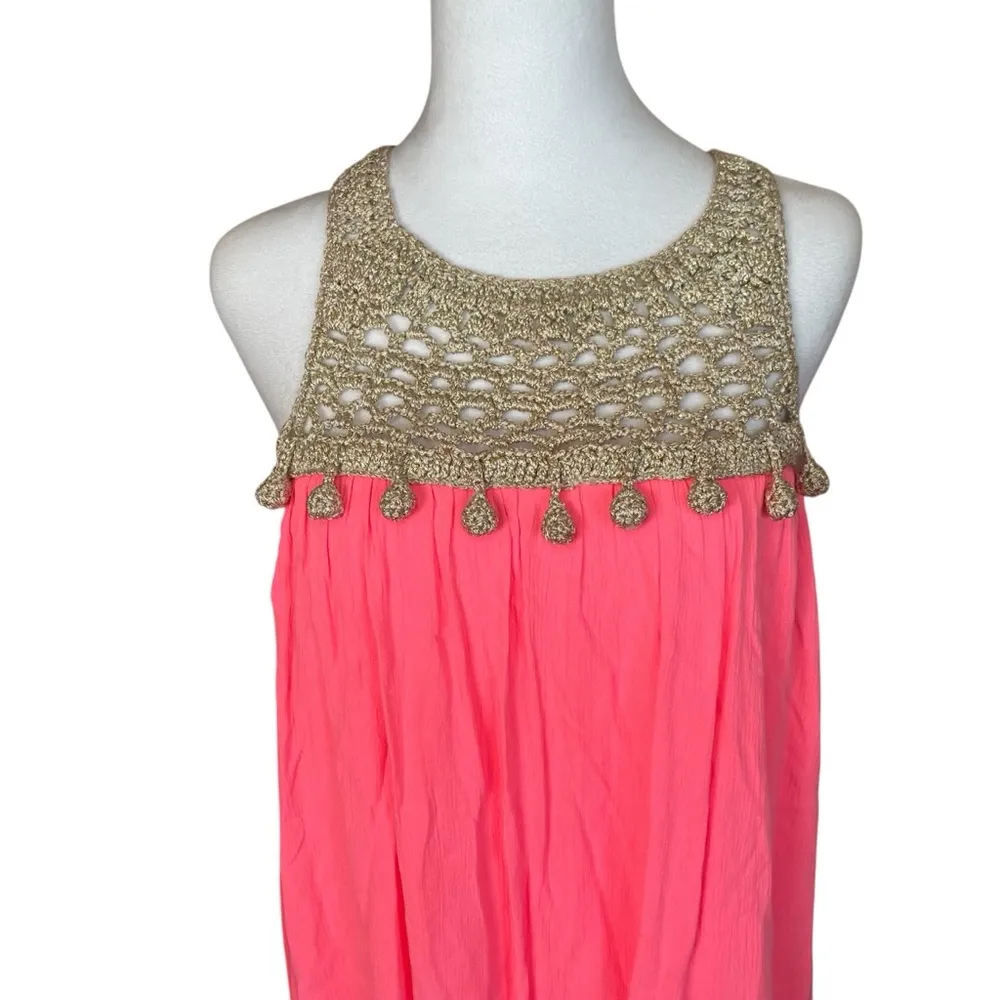 Lilly Pulitzer Neon Coral‎ Pink Sun Ray Babydoll Dress Gold Crochet Party Small - Image 2
