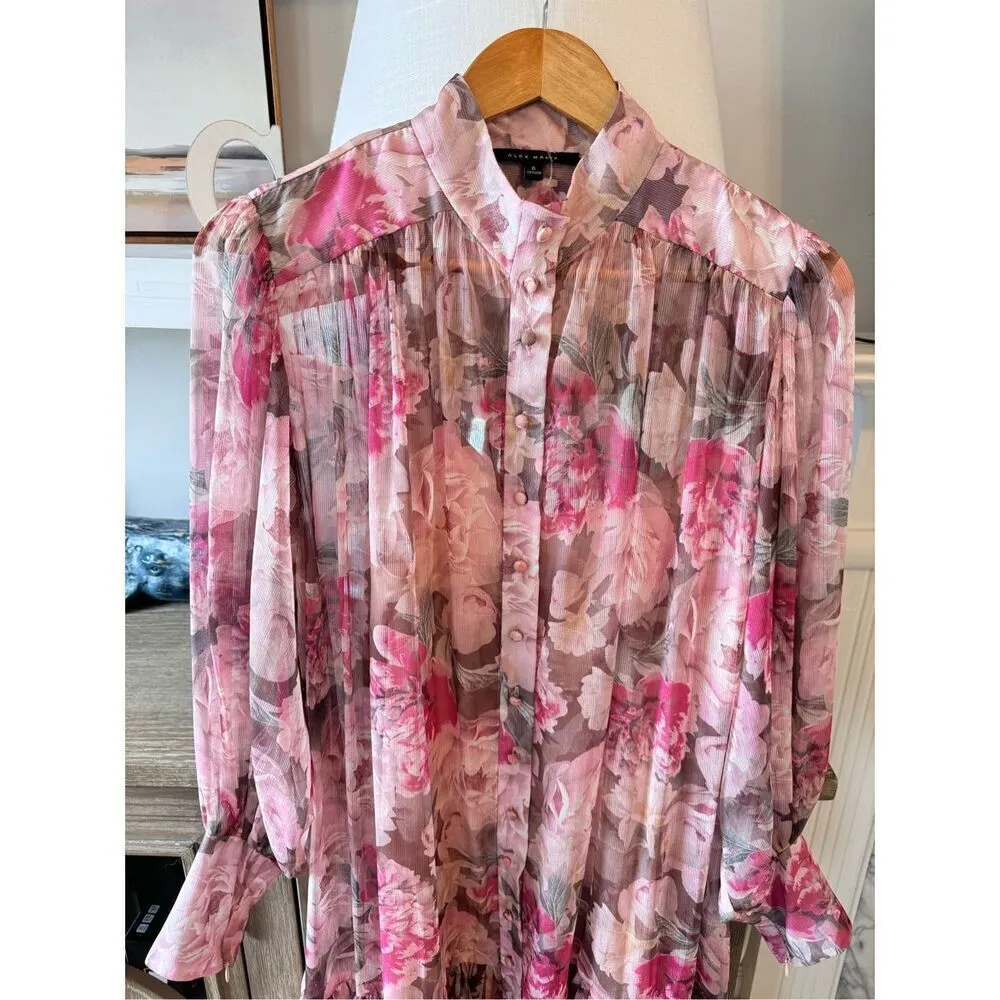 Alex Marie Lana Floral Print Long Puffed Sleeve Mock Neck Tiered Hem Dress Size - Image 4