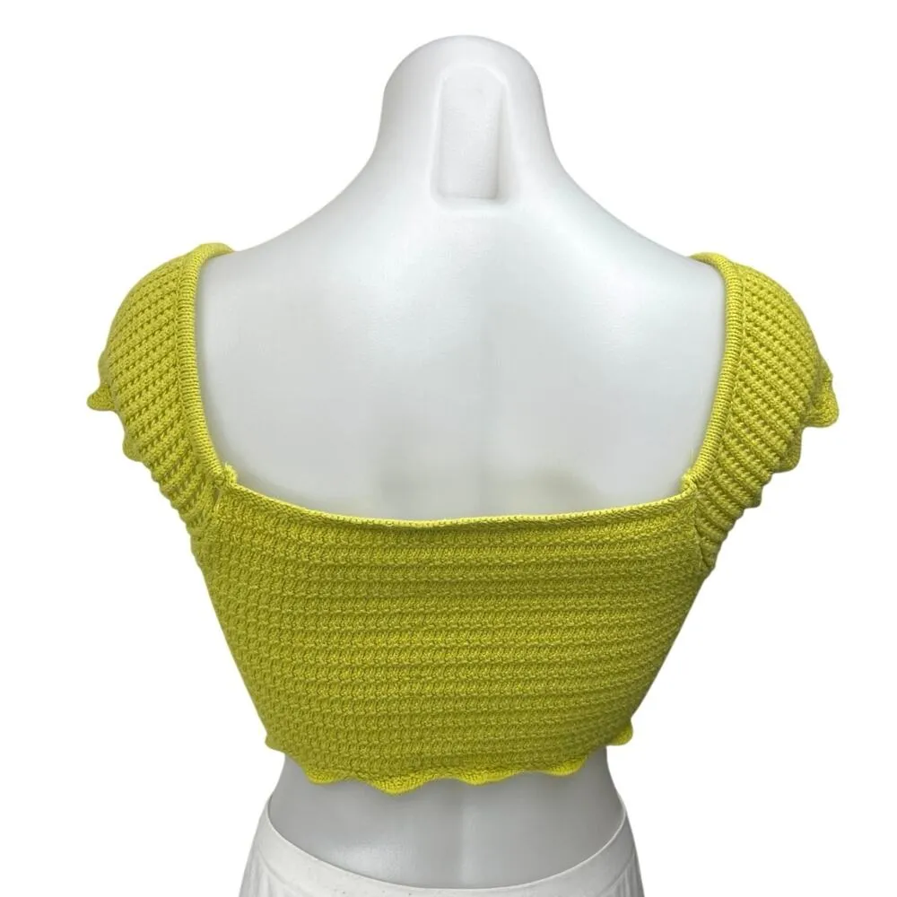 Zara Yellow Crochet Knit Short Sleeve Square Neck Button Crop Sweater Top Size S - Image 2