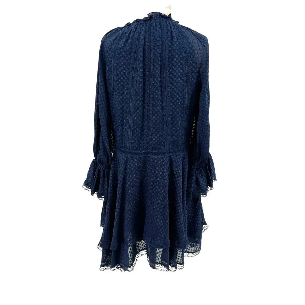 Alice + Olivia Joanne Mini Dress Lace Trim Ruffle Tiered 3/4 Sleeve Blue Size 2‎ - Image 10