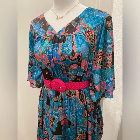 VTG 80s 90s Anthony Richards Blue & Pink Retro Maxi House Dress Kaftan Muumuu Size L - Image 2