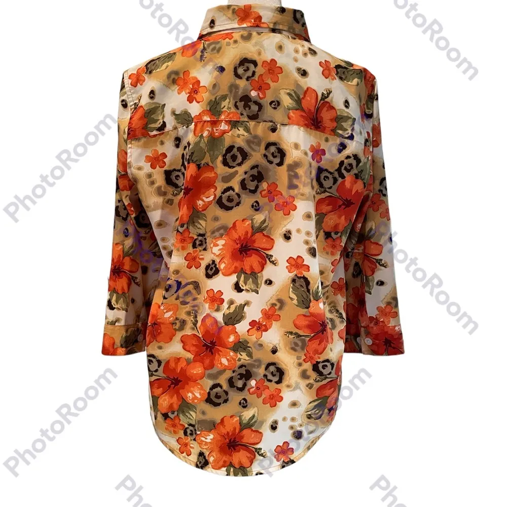 Orange Yellow Green Cream Black Abstract Floral Print Blouse - Image 5