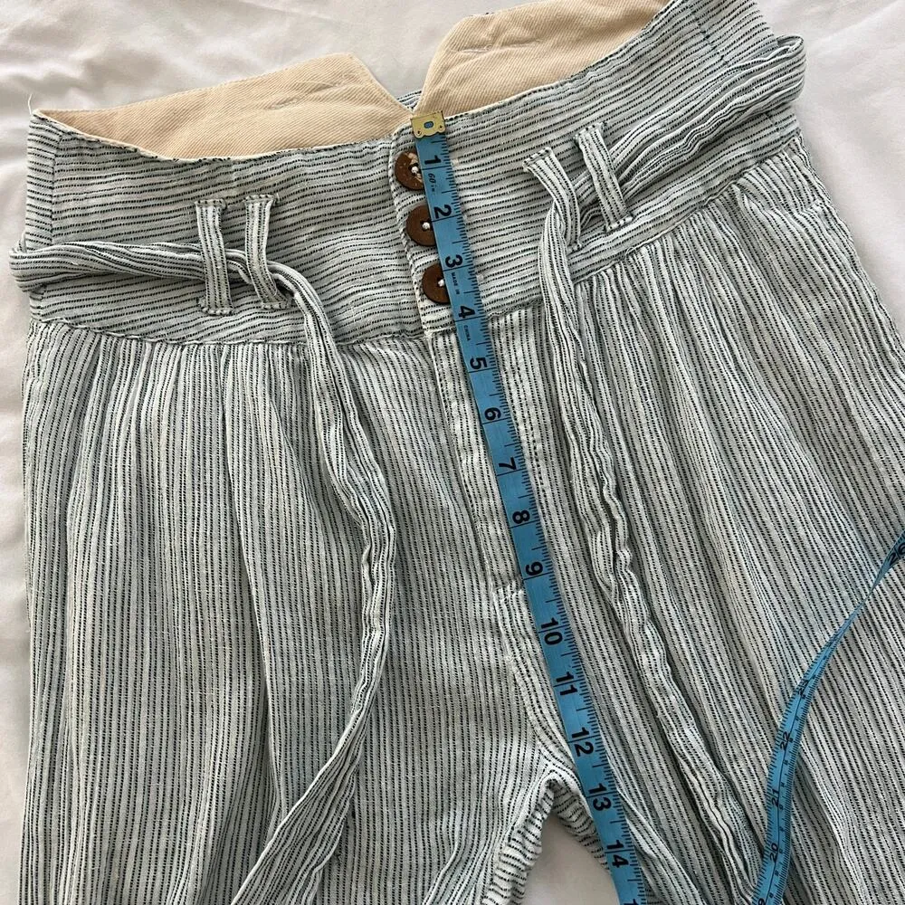 FREE PEOPLE Blue Pinstripe Woven Cotton High Rise Paper Bag Waist Pants Size 0 - Image 9