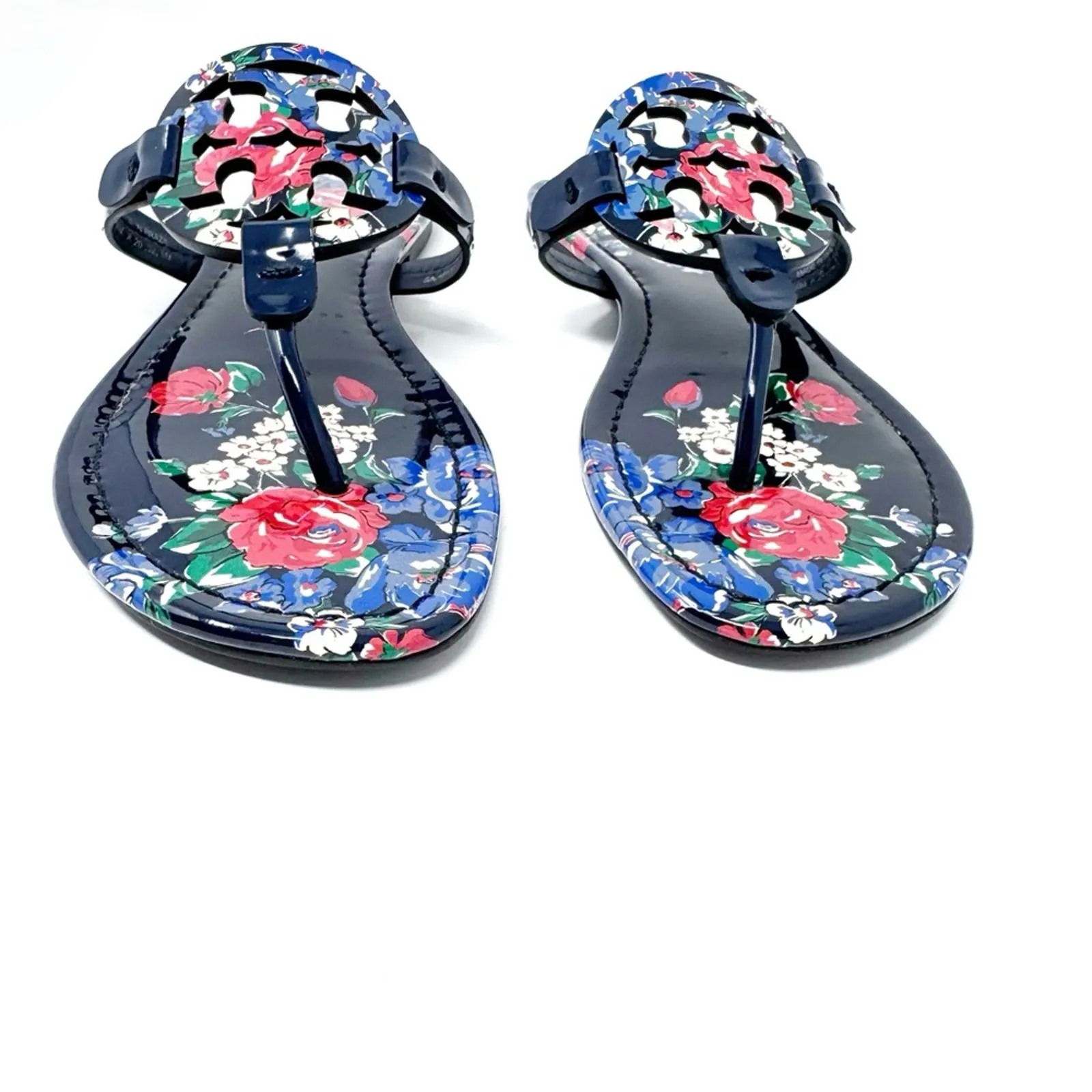 Tory Burch Miller Navy Floral Patent Leather Sandals Size 8 – Tea Rose Print - Image 2