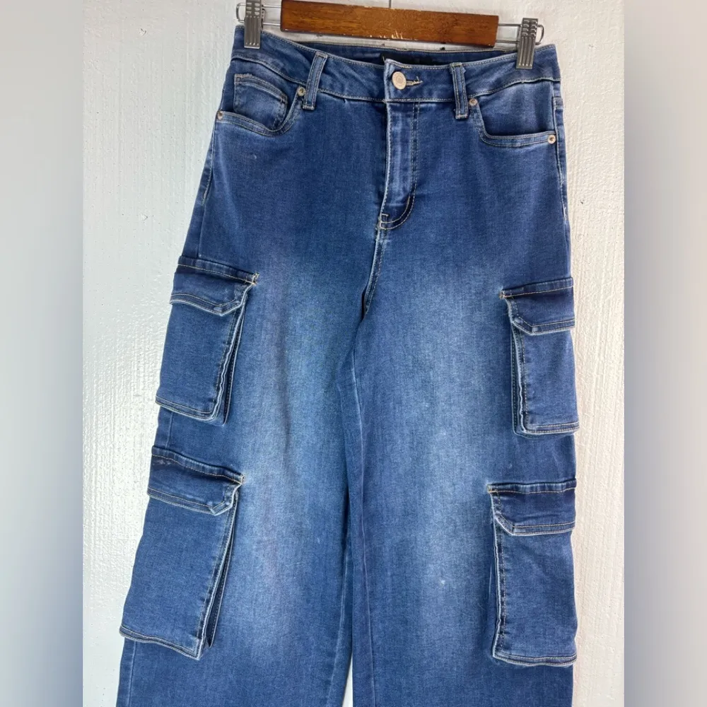 Refuge 3 Baggy Cargo Flare & Wide Leg Dark Wash Denim Jeans - Image 2