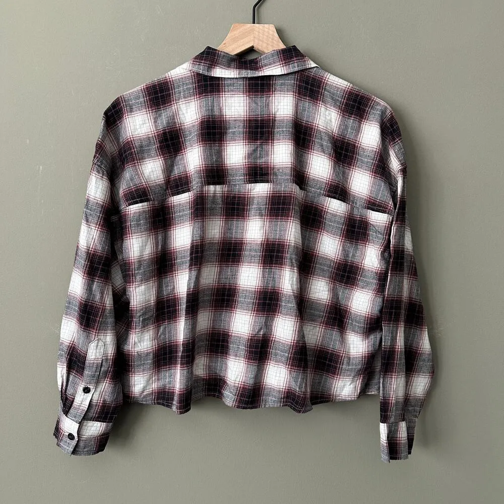 Abercrombie & Fitch 90s Cropped Flannel White Gray Pink Size S - Image 4
