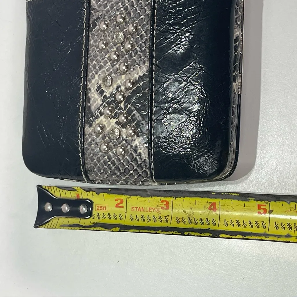 Vtg Y2K Faux Snake Print Studded Rhinestone Clasp Clutch Wallet Purse Checkbook Black - Image 9