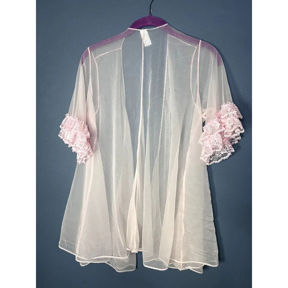 50s Housewife Housecoat Robe Pink Frilly Girly Sheer Sexy Short Feminine Puff Size undefined - Image 2