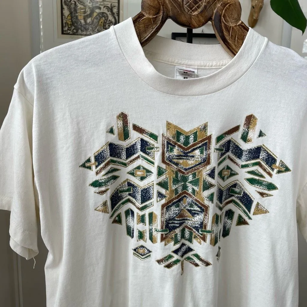 Vintage 90s 1995 Fruit of the Loom Southwestern Aztec Print Unisex L White Size L - Image 2