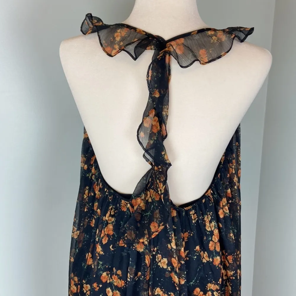 Zara Floral Sheer High Low Dress Halter Ruffles Size Small Orange Black - Image 11