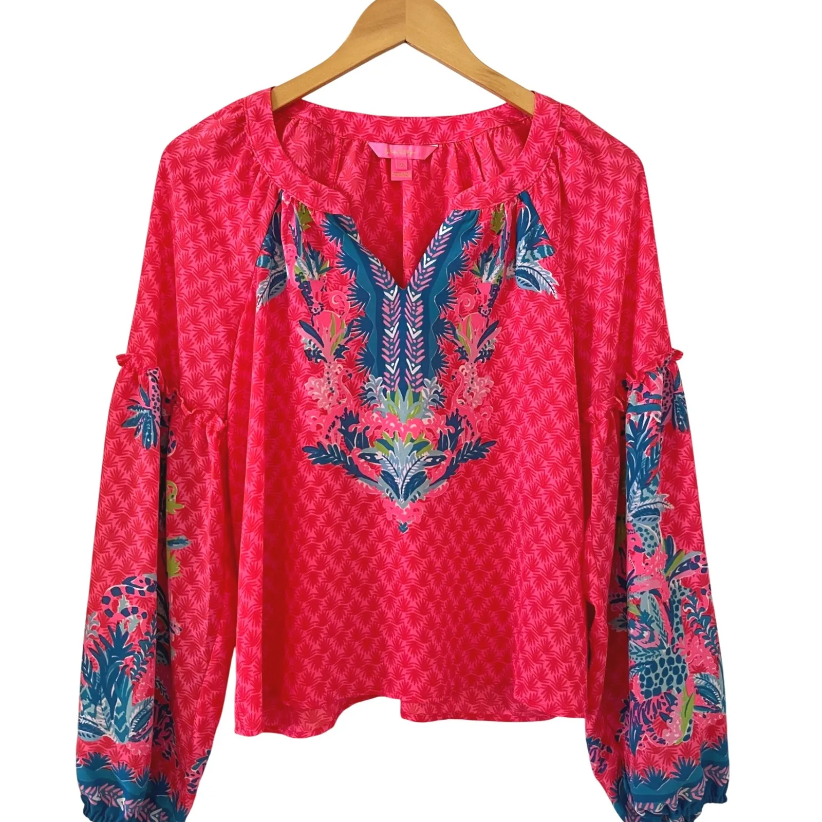 Lilly Pulitzer‎ Zaid Top XS Pink Print Long Sleeve V Neck Blouse Resort Wear - Image 2
