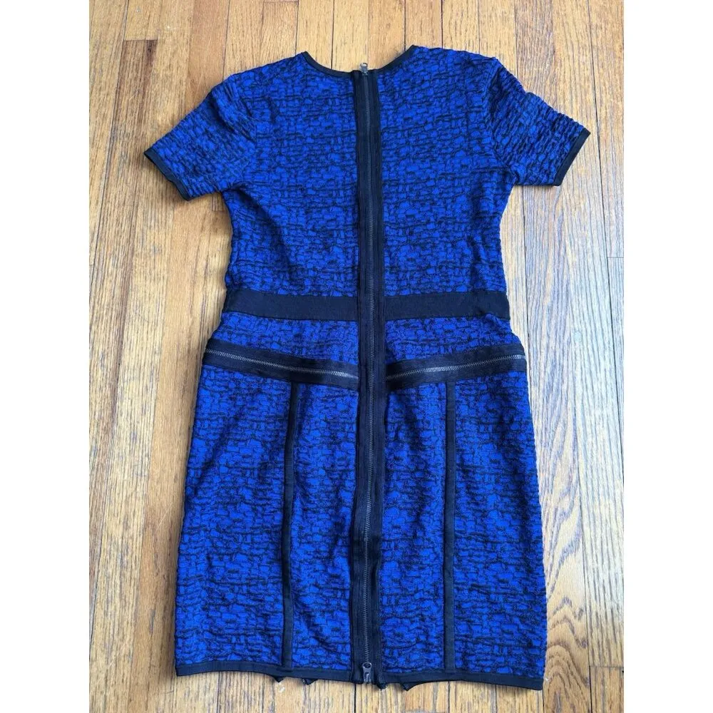 Marchesa Voyage Textured Knit Zip Moto Sheath Dress Size XL Blue Black - Image 4