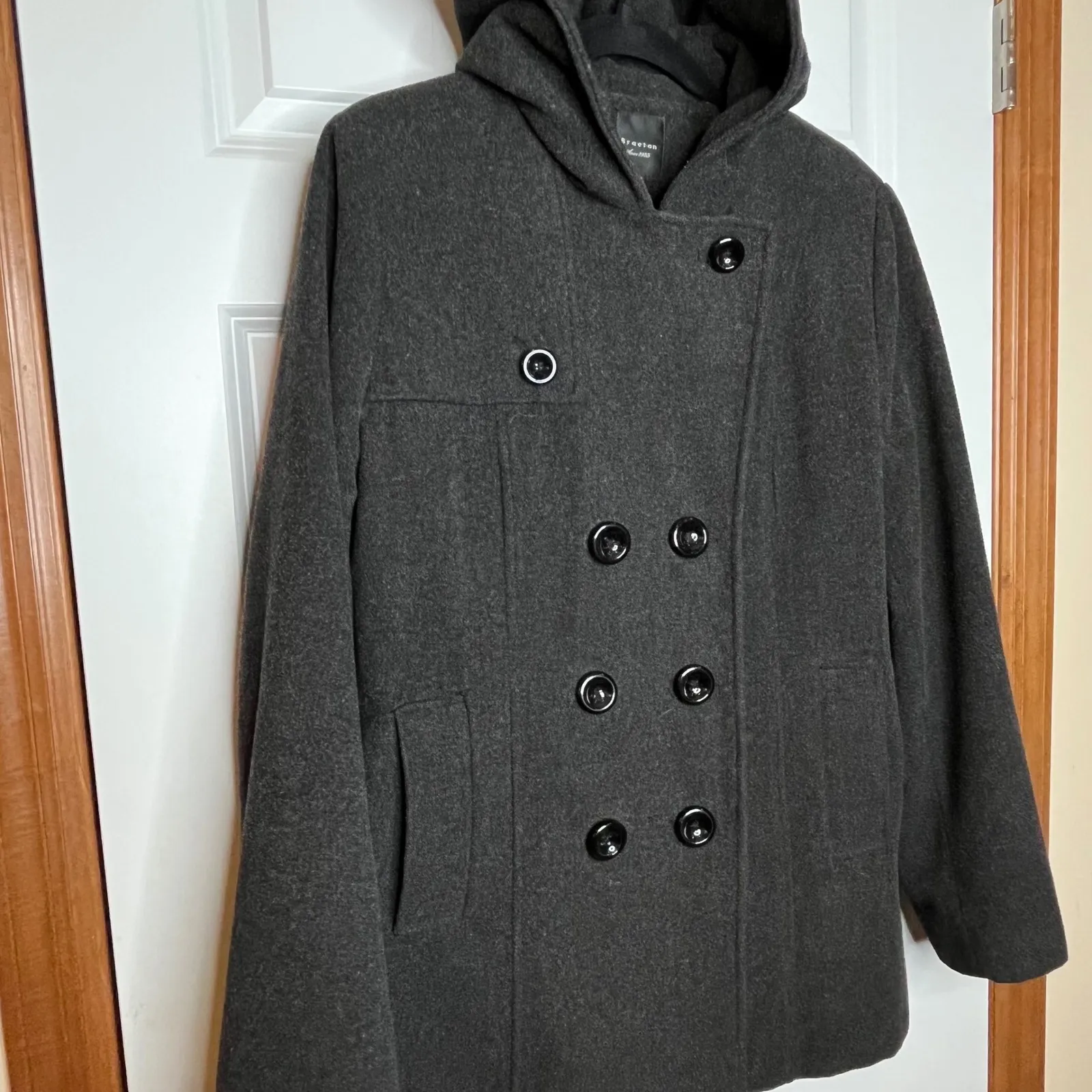 Braetan WOOL BLEND Women Large Charcoal Grey Double Breasted Hooded Pea Coat Gray - Image 3
