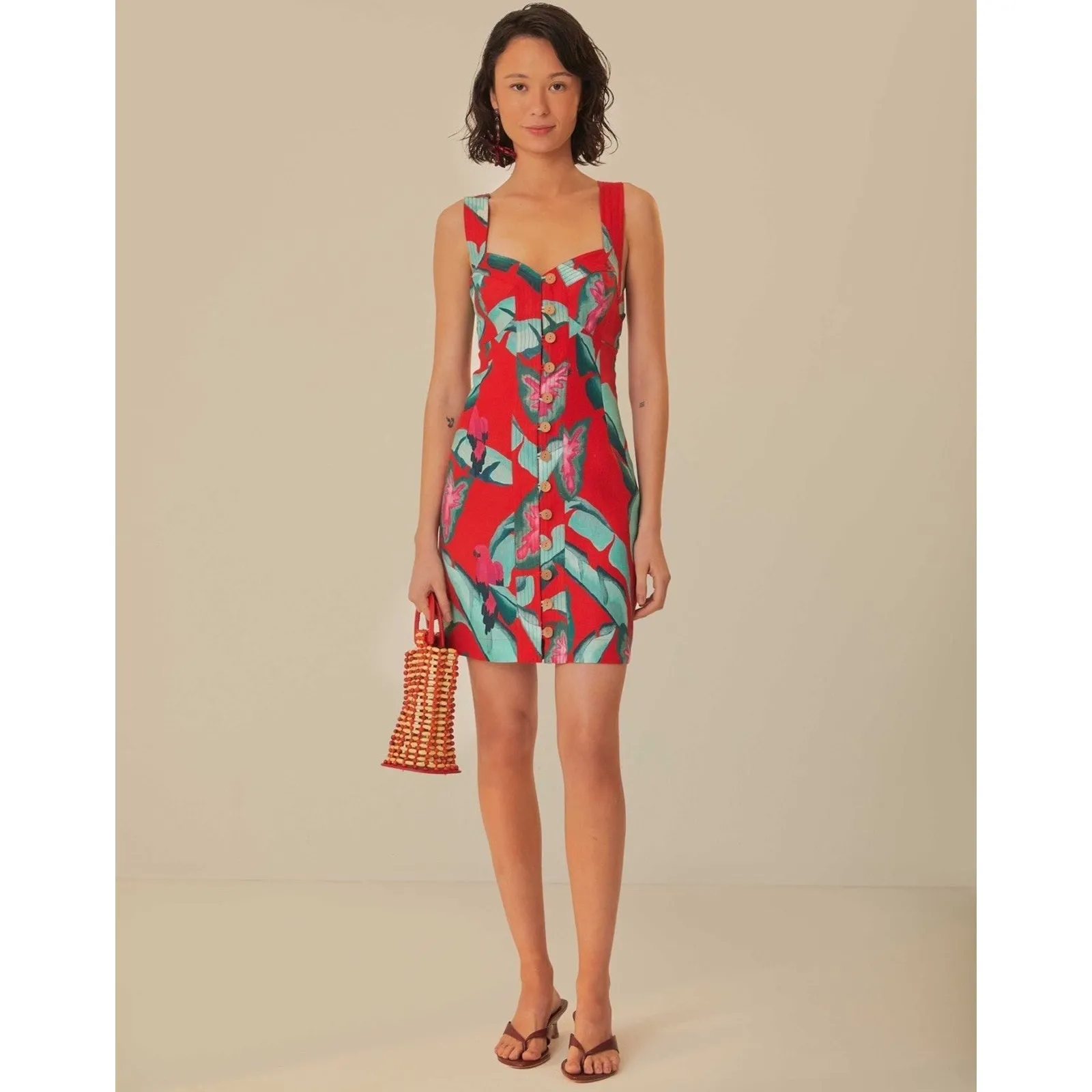 Farm Rio Dress XL Red Floral 100% Linen Tropical Summer Foliage Mini Resort - Image 13