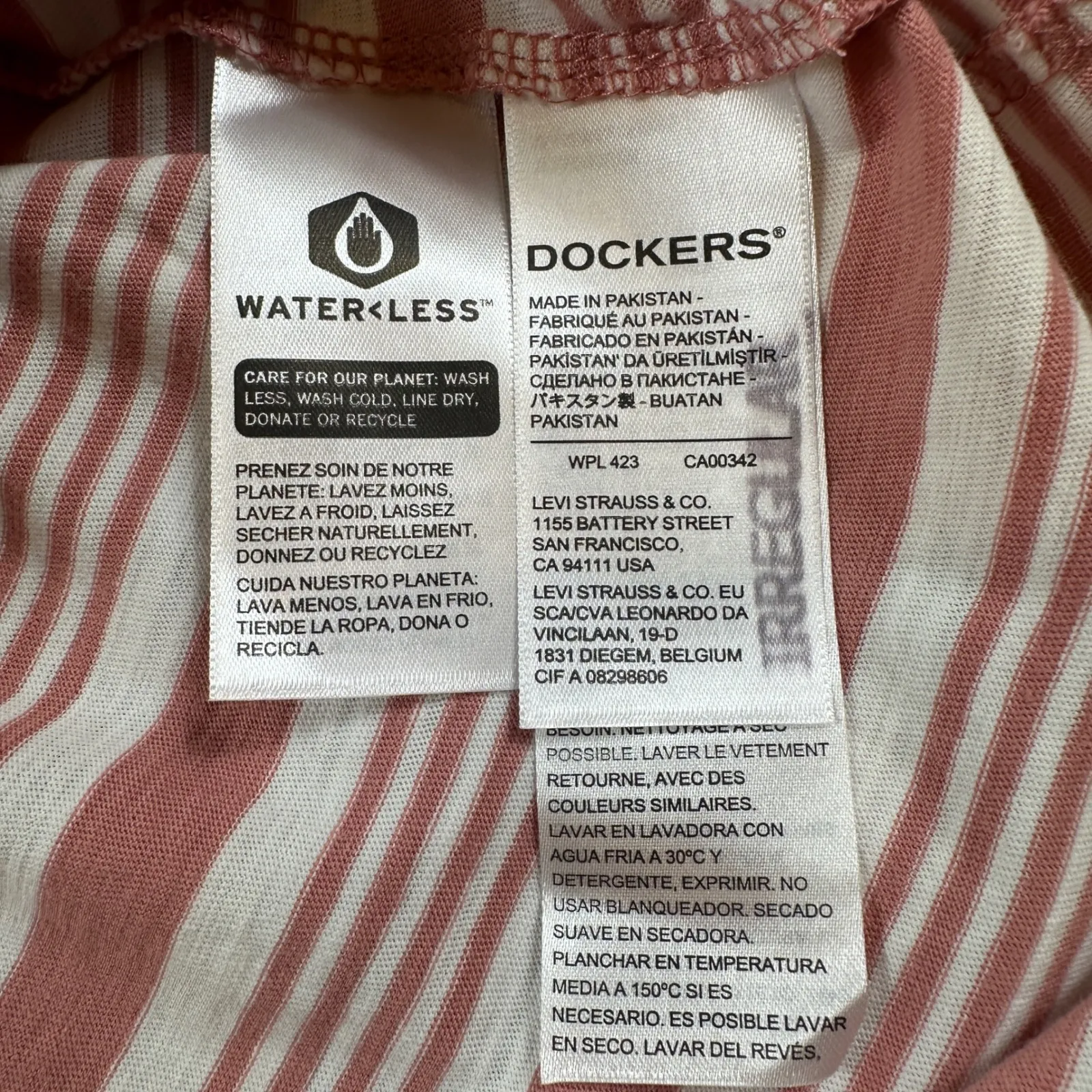 Dockers Womens Striped V Neck T Shirt L Slim Fit Red White Cotton Short Sleeve - Image 4