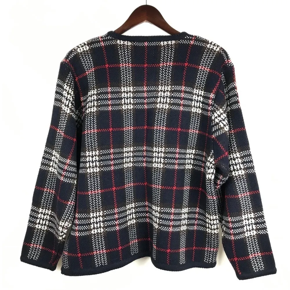 Vintage Crystal Kobe Grandma Grandpa Kawaii Navy Red Plaid Cardigan Women’s L Blue Size L - Image 6
