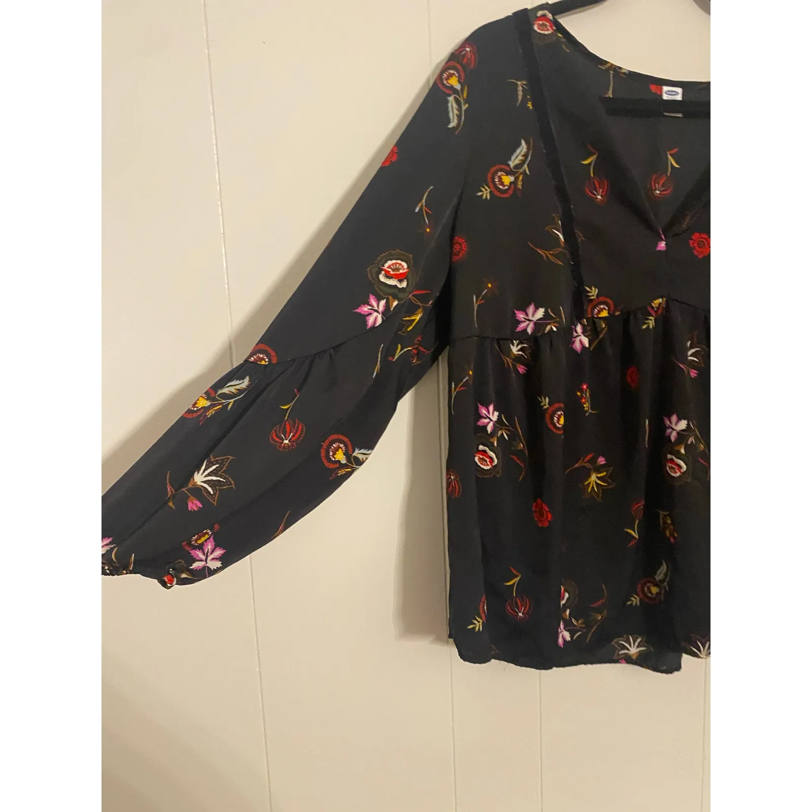 Black Floral Babydoll Tunic V-neck Velvet Trim Long Sleeve Large Whimsigoth Boho - Image 4