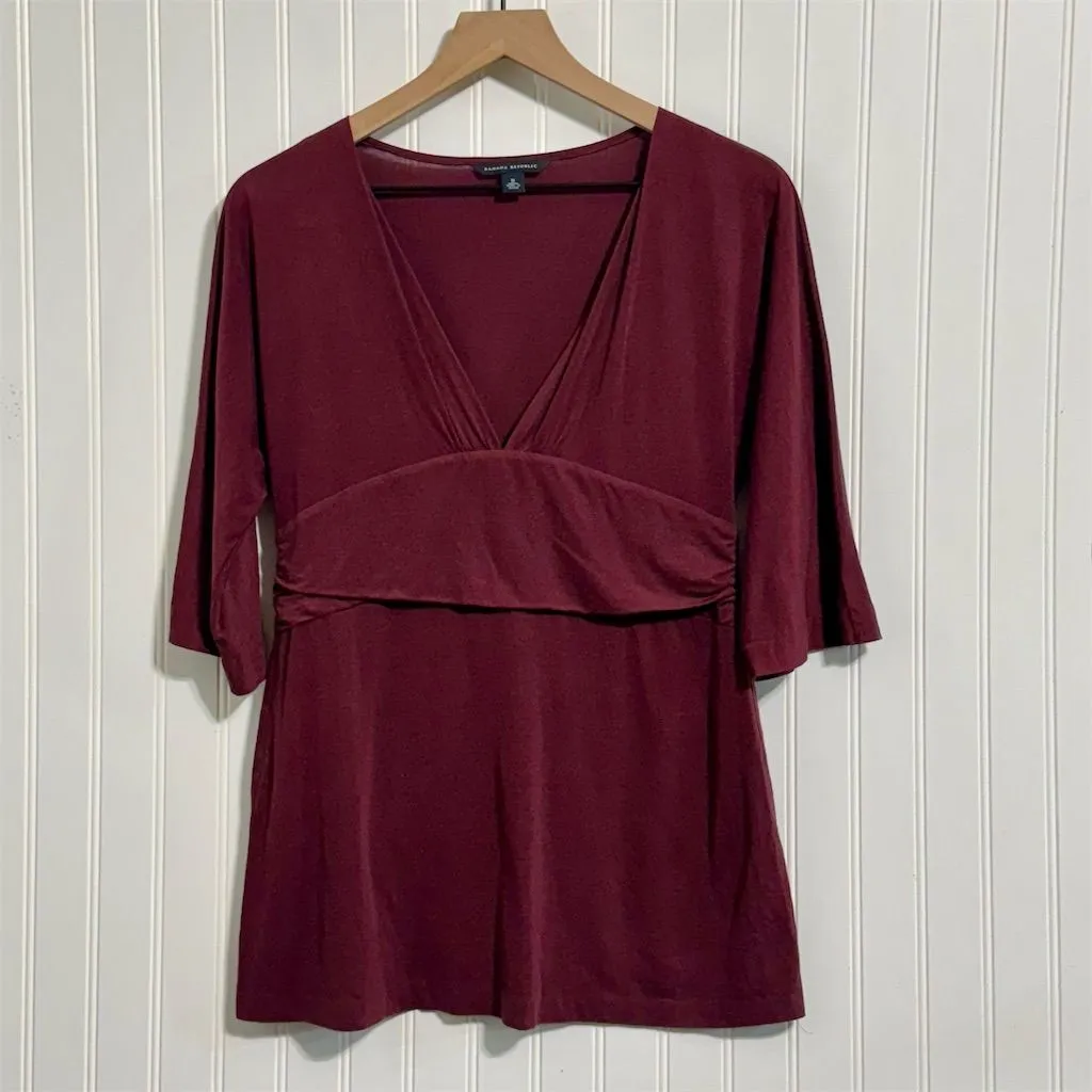 Banana Republic Silk Cotton Top Medium Burgundy Empire Waist Deep V Y2K 2007 - Image 2