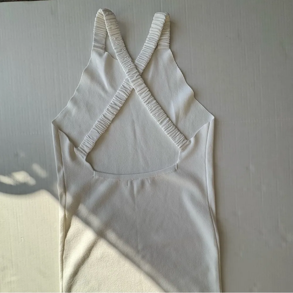 knit elastic cross strap open back midi dress off white Ivory Medium - Image 6