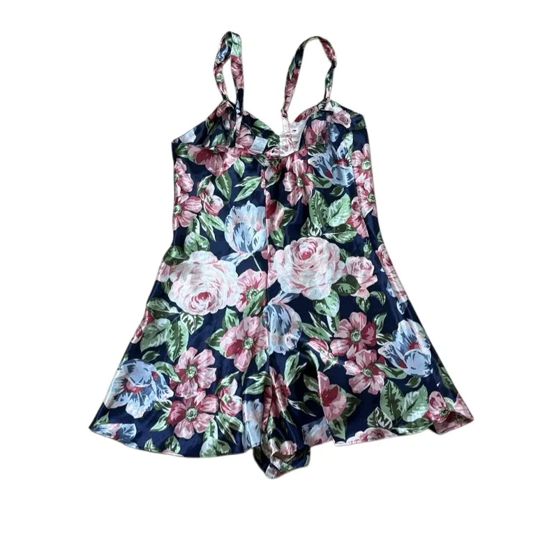 90s Vintage Cacique Floral Teddy playsuit romper blue and pink satin medium - Image 2