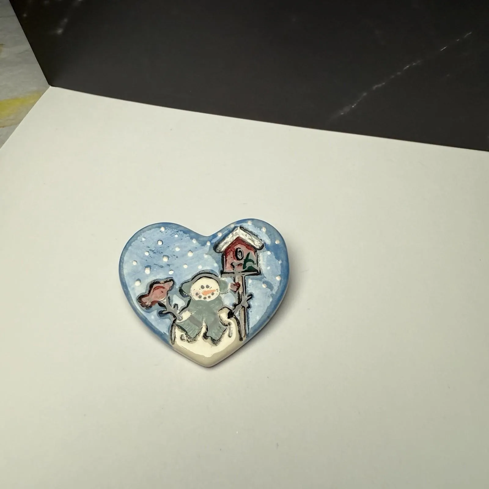 Snowman & Cardinal Bird In Heart Ceramic Brooch Pin Handcrafted Hand Made - Image 11