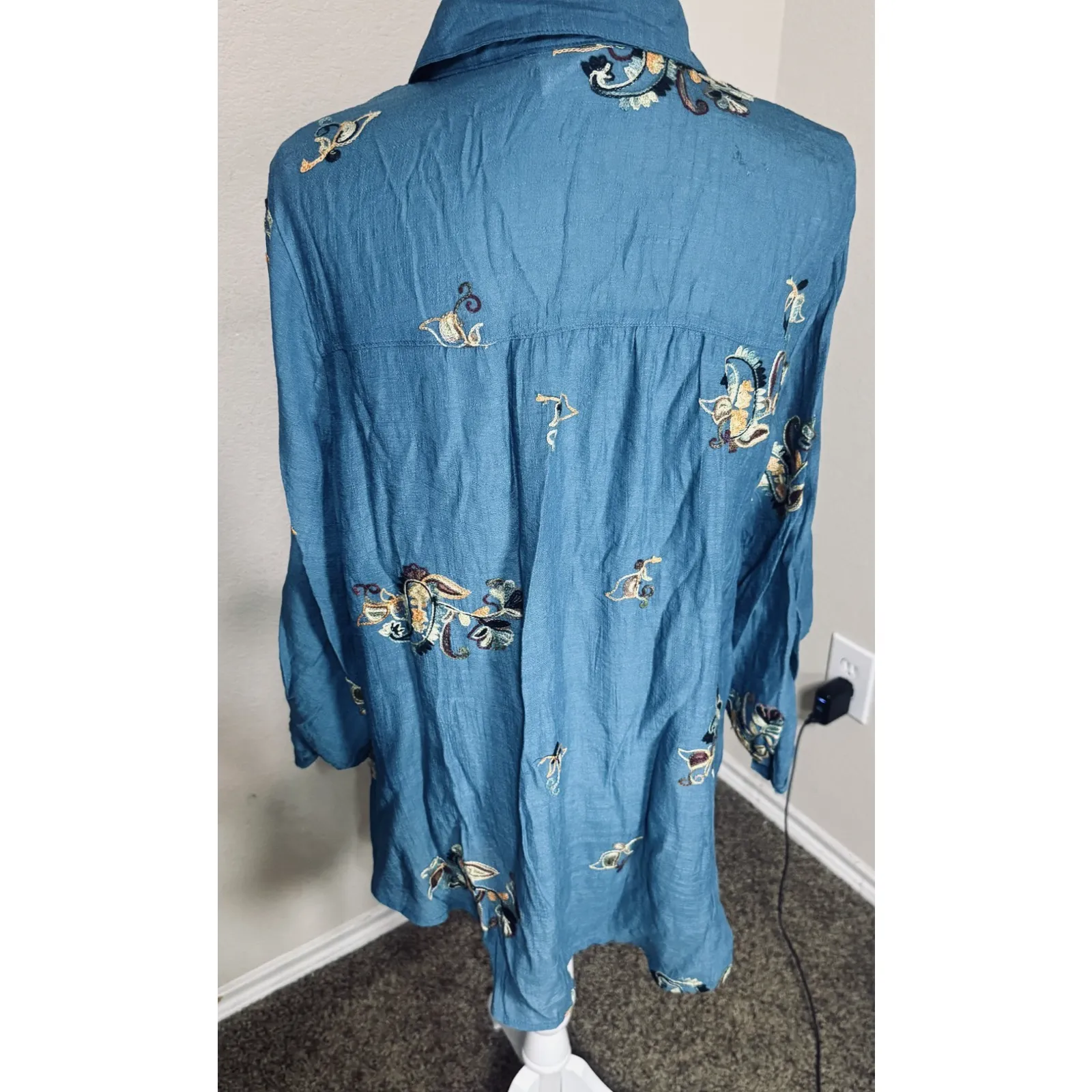 Anthropologie Fig & Flower Button Up Blouse Embroidered Teal Green sz XL - Image 4