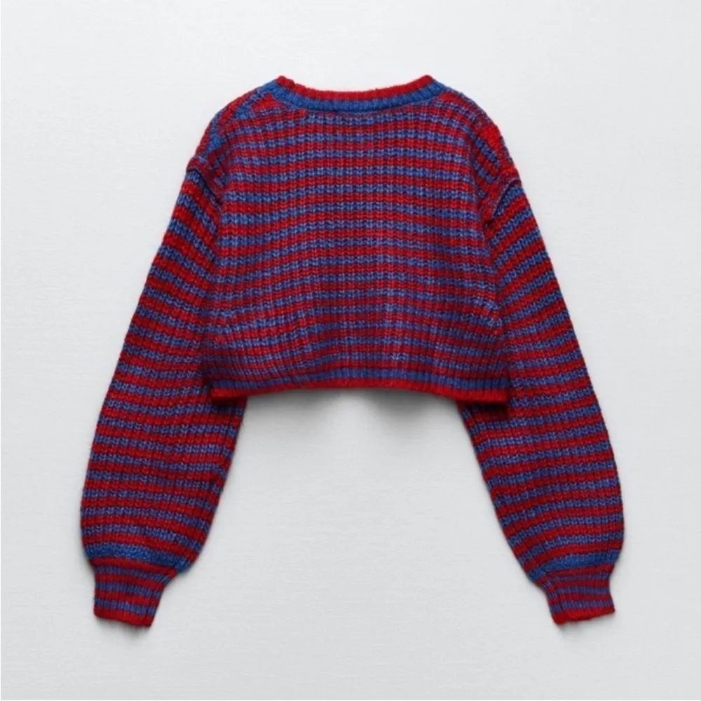 ZARA Cropped Boxy Sweater | Red & Blue Chunky Knit | Alpaca Wool | Oversized sma - Image 4