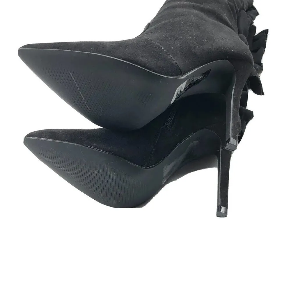 JustFab Norelle Boots Knee High Faux Suede Ruffle Stiletto Pointed Toe Black 5.5 - Image 5