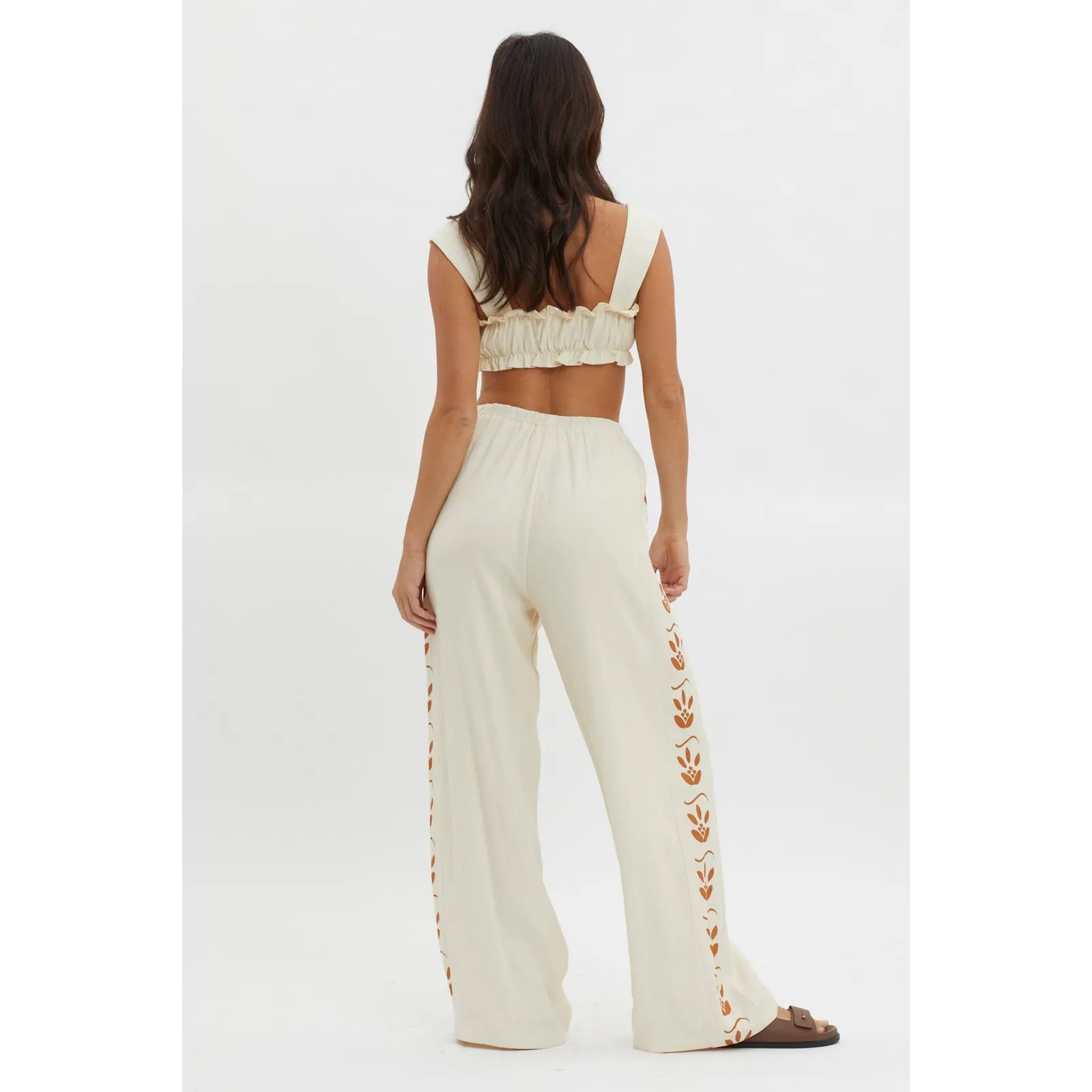 Indikah Womens size XS Maghan Side Print Lined Pants Beige Wide Leg Boho Beachy - Image 2