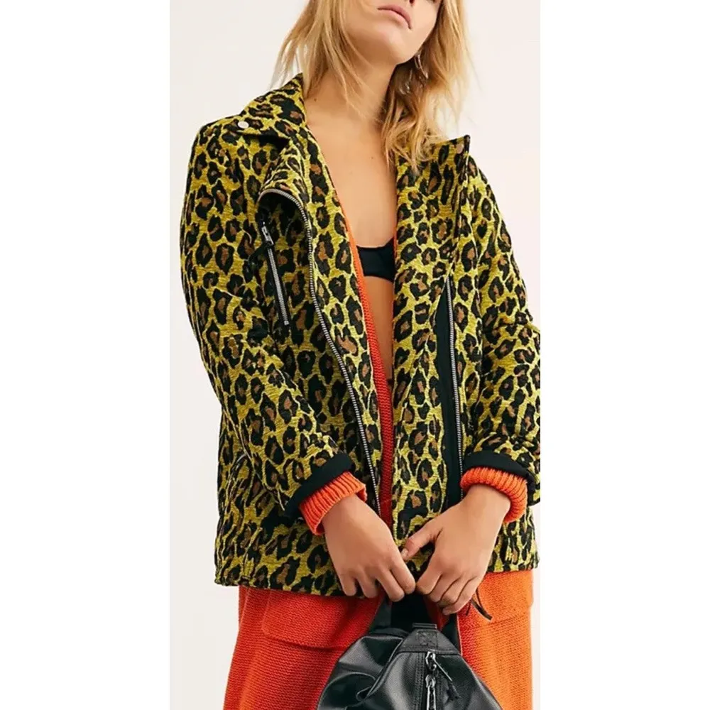 FREE PEOPLE Femme Fatale Long Moto Jacket Yellow Leopard Print Size‎  Small - Image 2