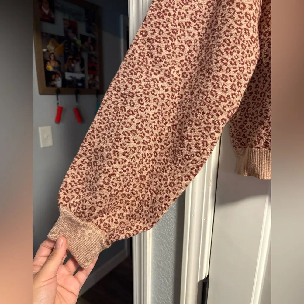 Women's Leopard Print Button Cardigan FP Style Cozy Boho Jacket Large Brown - Image 2