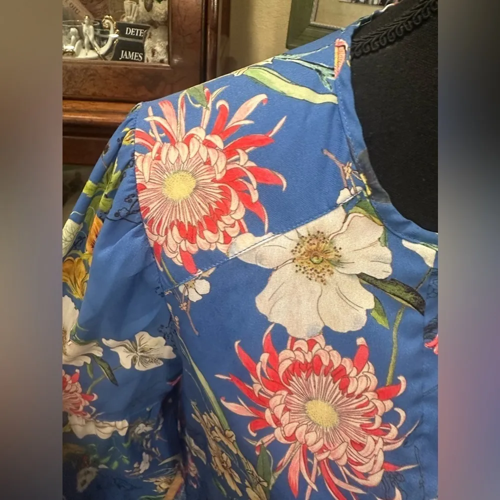 Parker Blue Flower Bohemian Mini Dress Long Puff Sleeve M - Image 5