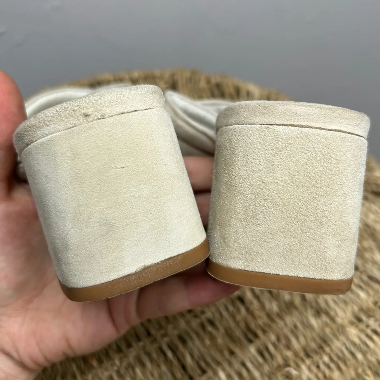 JEFFREY CAMPBELL Heeled Mules Womens Size 7.5 Cream Suede Slip On Square Neutral - Image 7