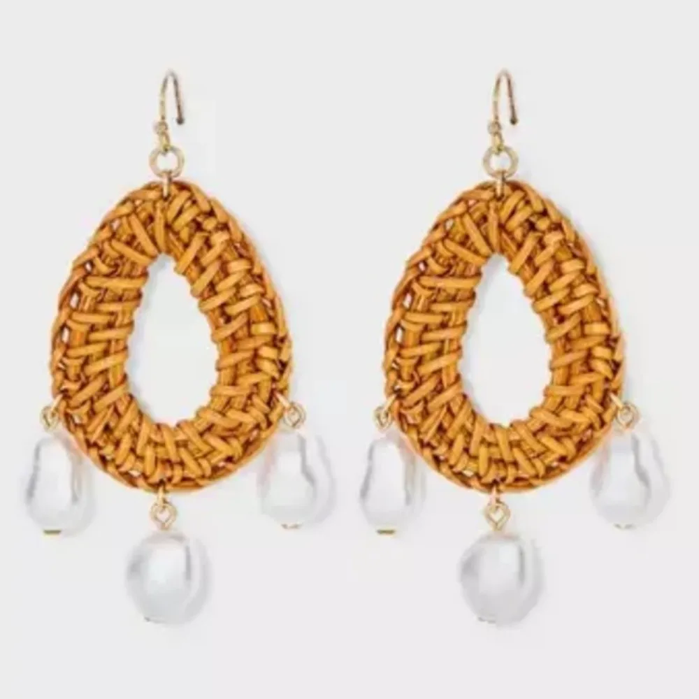 A new day Raffia Oval Pearl Drop Earrings New Brown white jewelry size medium - Image 2