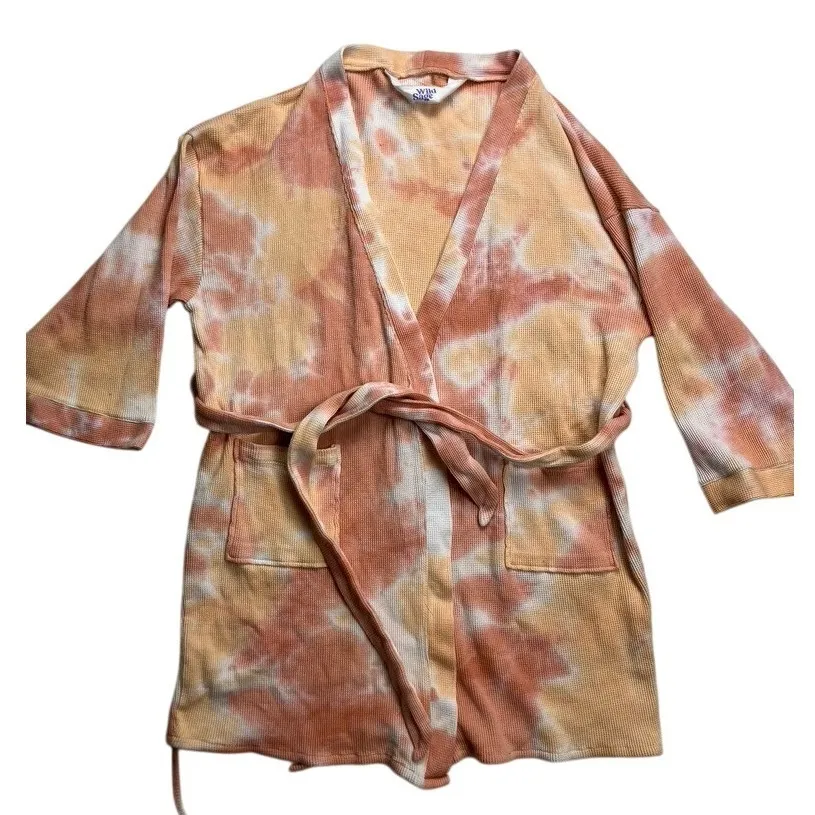 Wild Sage Tie Dye Waffle Knit Robe Coral Orange White Belted Pockets Women's M Size M - Image 1