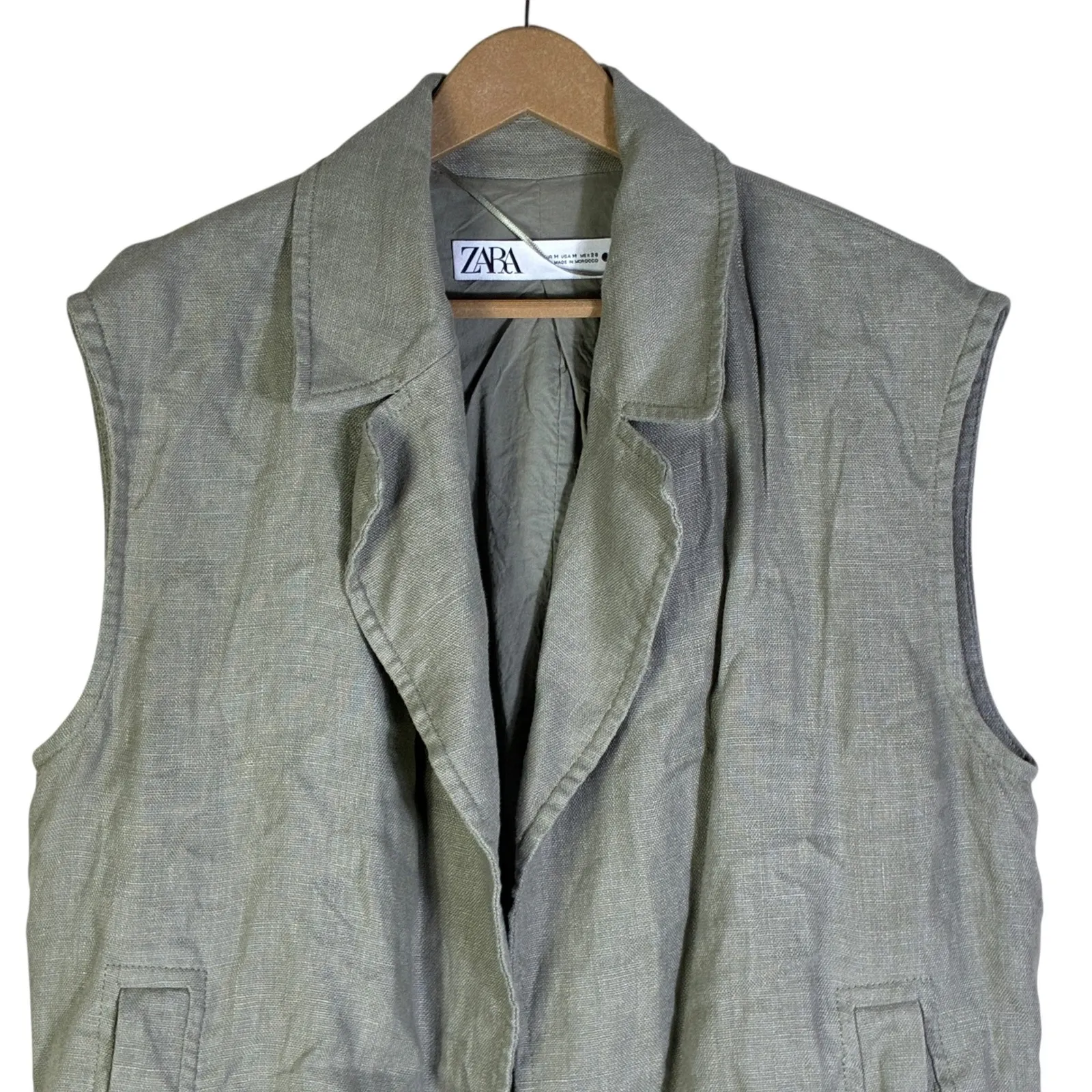 Zara Linen Vest Womens M Green Utility Minimalist Workwear Sleeveless Layering - Image 2
