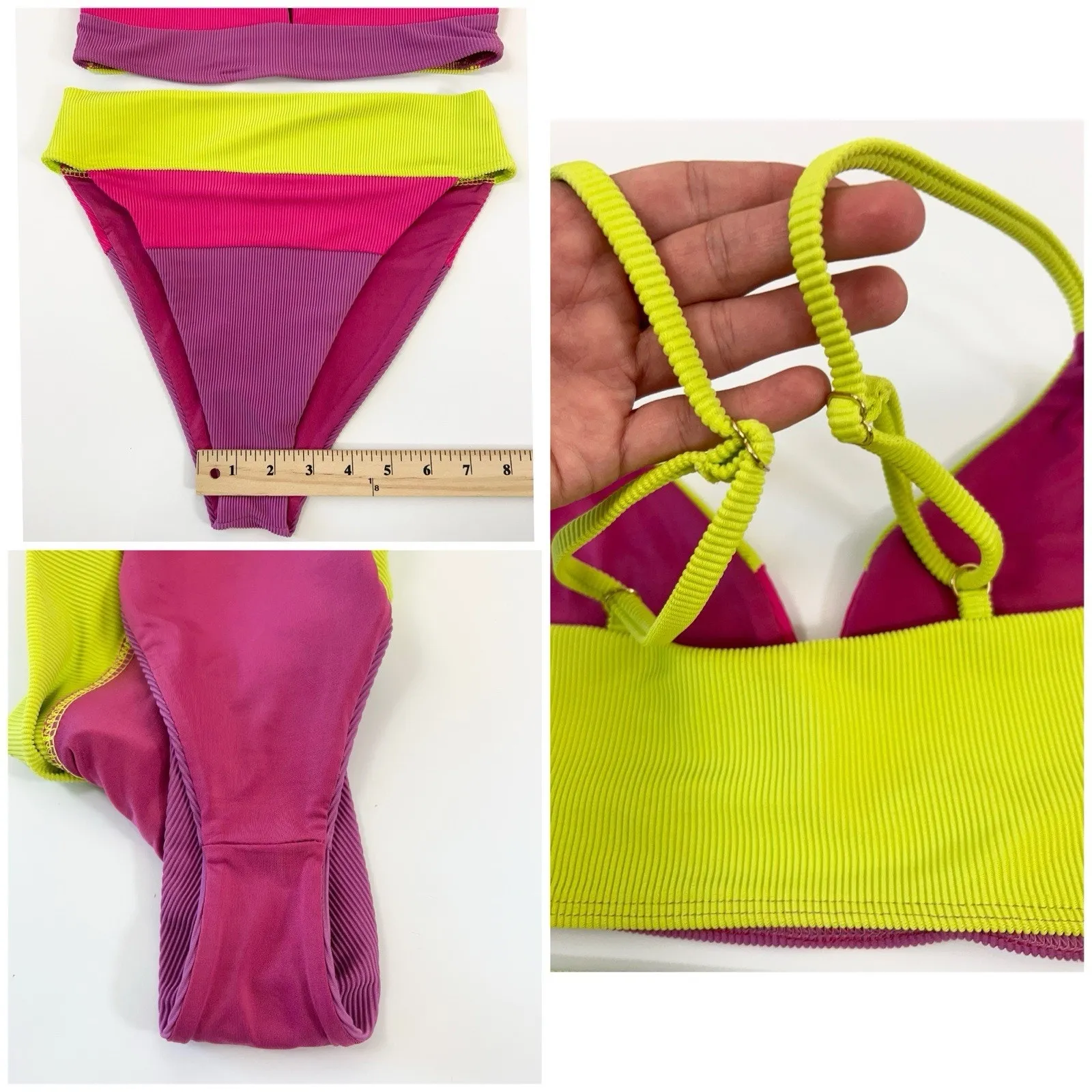 Beach Riot Ribbed Colorblock Bikini Set Lime Pink Purple High Waisted Size M - Image 9