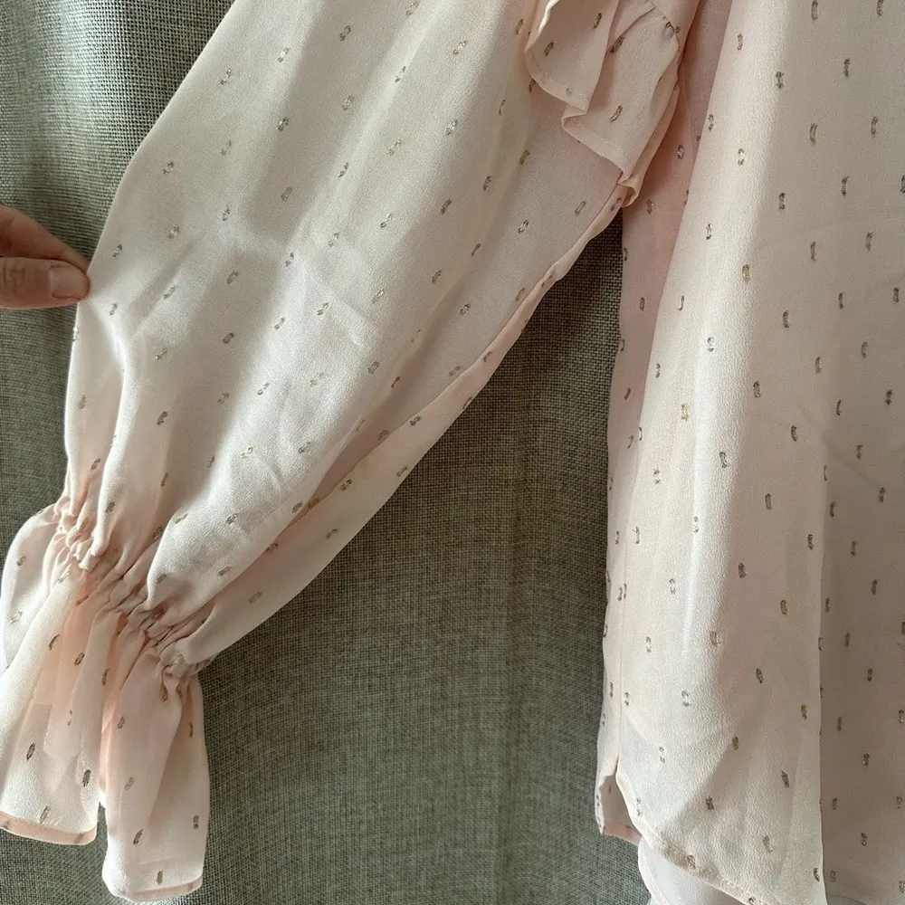 LOFT Light Pink Long Sleeve Ruffle Blouse with Rose Gold Ticking Pattern Small - Image 5