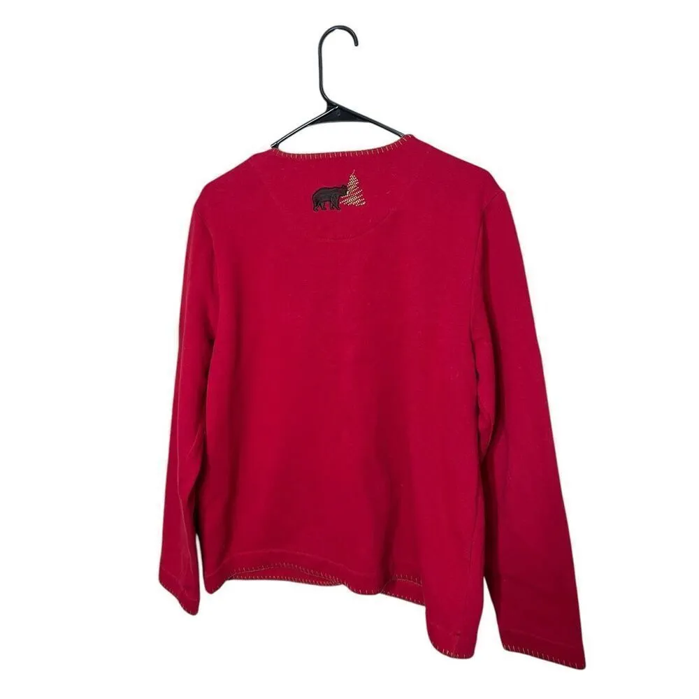 Breckenridge Sweater Cardigan Red Brown Bear Embroidered Gold Stitch Trim M - Image 6