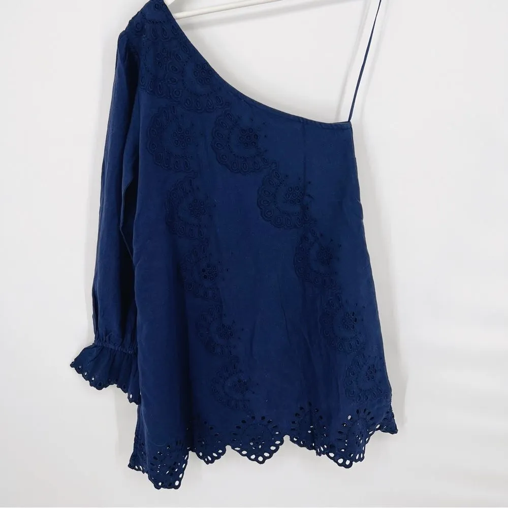 NWT Hill House Mila Dress One Shoulder Navy‎ Linen Blue Eyelet Sz S - Image 5