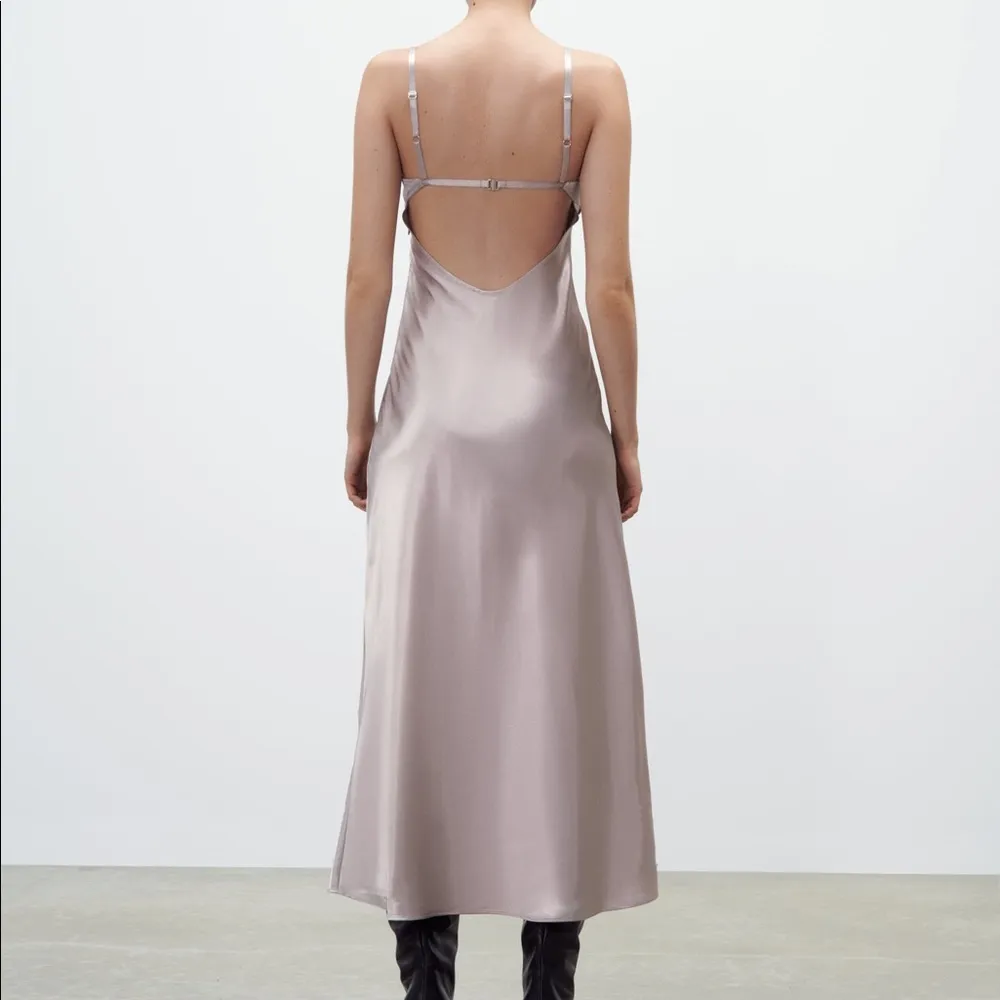 SATIN LINGERIE STYLE MIDI DRESS Straight Neck Adjustable Thin Straps GRAY XS NEW - Image 7